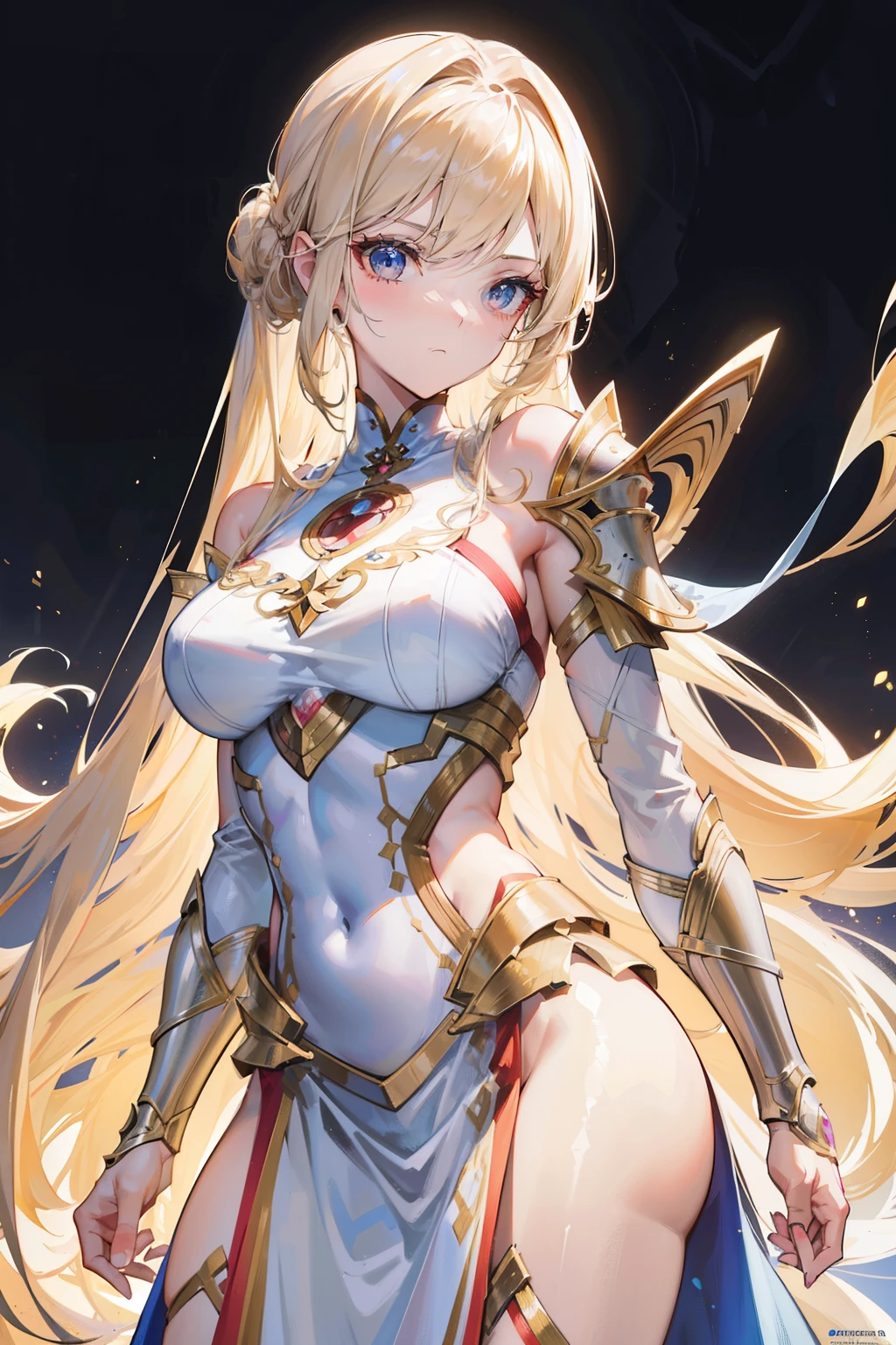 A solitary female archer, adorned in light armor, long, tangled, golden hair cascades down her back, a perfectly sculpted and very attractive body (body perfection: 1.2), a highly detailed face (face detail: 1.2), perfectly shaped hands (hand perfection: 1.2) with five slender fingers, all part of a masterpiece (masterpiece: 1.3) of the highest quality (best quality: 1.3) and super detailed (super detailed: 1.3), in high-resolution, HD.