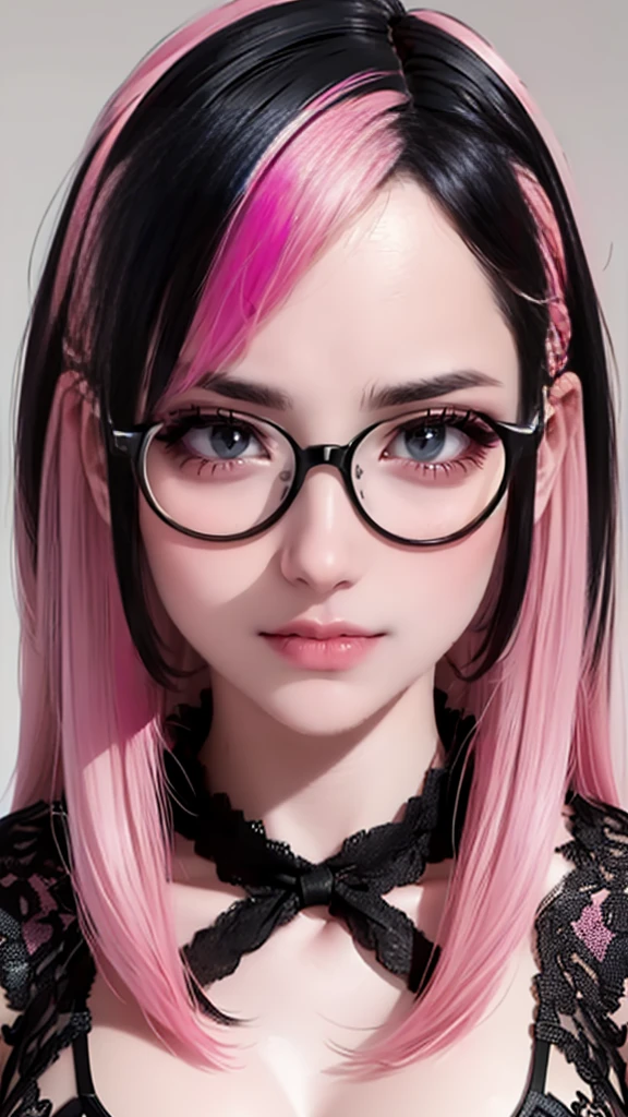 from above,(Thin type:1.5),(large breasts),(half color hair black and pink:1.5),(random hairstyle),(Highest image quality, (8K), Ultra-realistic, Best Quality, High quality, High Definition, high quality texture, high detailing, Beautiful detailed, fine detailed, extremely details CG, Detailed texture, realistic representation of face, masterpiece, presence),(wearing glasses:1.5)