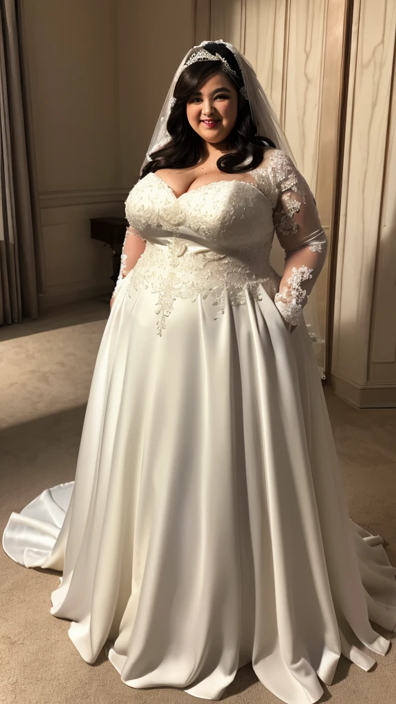 (8k, ultra-high resolution, highest quality, masterpiece:1.2), ultra-realistic, (realistic, photorealistic:1.37), (realistic skin:1.2), ultra-detailed, Canon EOS RP, 8k, Korean mature woman, smiling, (super obese:1.2), (((super curvy,))) ((super voluptuous,)) adult model, standing still, ((full body shot:1.4)), thick ankles, (short hair), (wedding dress:1.5), (wedding venue), (wedding ceremony),