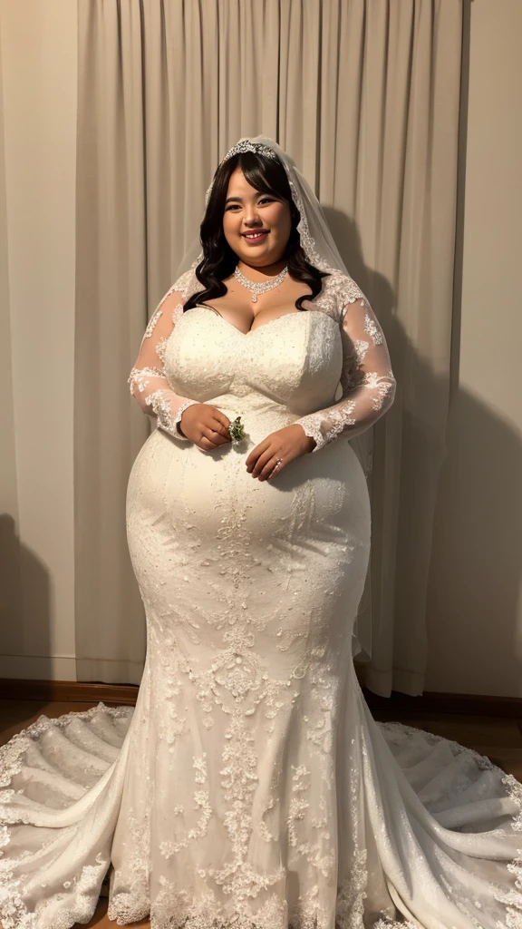 (8k, ultra-high resolution, highest quality, masterpiece:1.2), ultra-realistic, (realistic, photorealistic:1.37), (realistic skin:1.2), ultra-detailed, Canon EOS RP, 8k, Korean mature woman, smiling, (super obese:1.2), (((super curvy,))) ((super voluptuous,)) adult model, standing still, ((full body shot:1.4)), thick ankles, (short hair), (wedding dress:1.5), (wedding venue), (wedding ceremony),