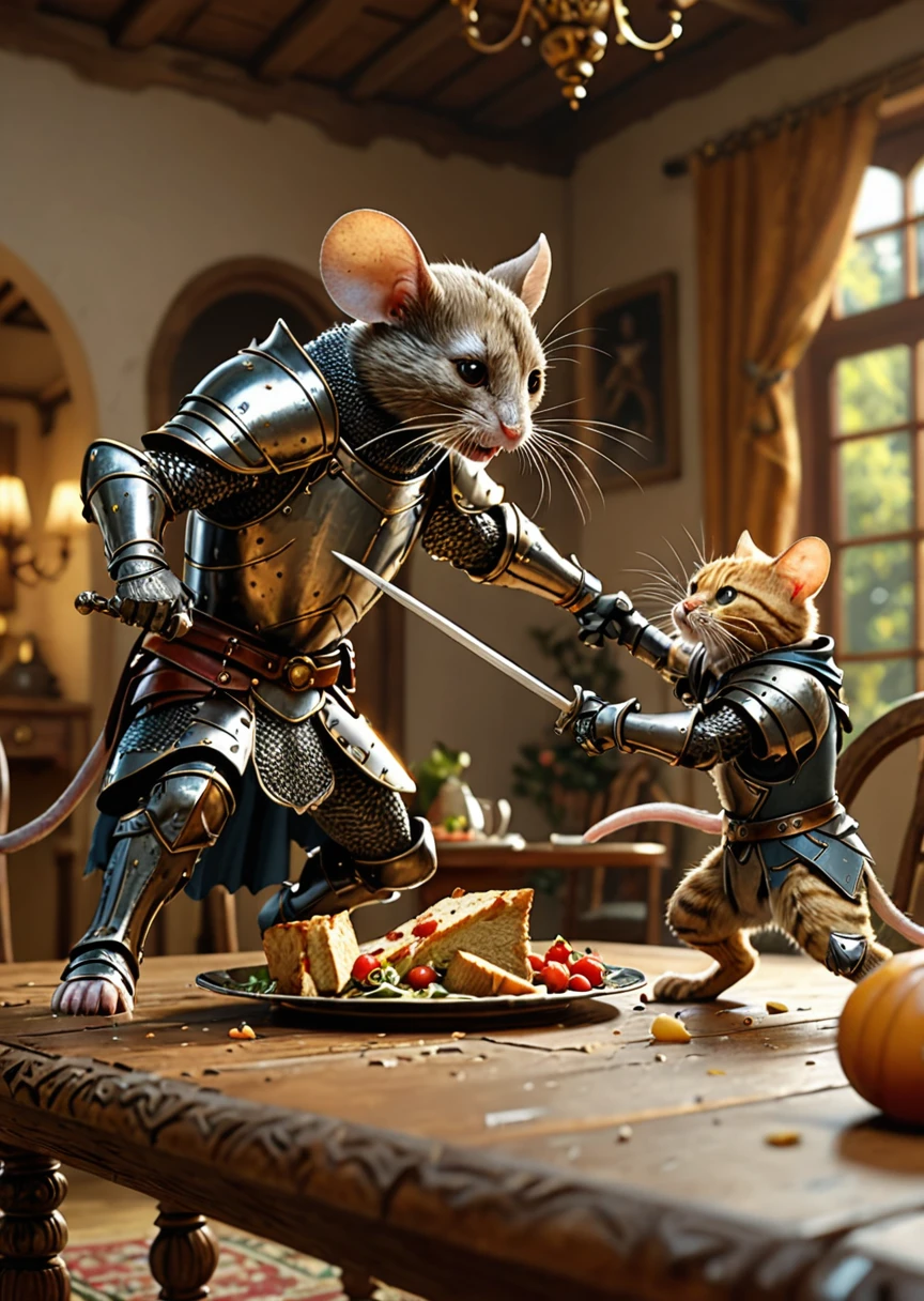 an action shot of a mouse knight fighting a giant cat, dining table in background, Bosstyle, , HD, masterpiece, best quality, hyper detailed, ultra detailed, super realistic