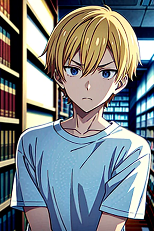 Anime boy, bishounen, short hair ((5'9)), blonde hair, library background, wearing a T-shirt, serious and emotionless expression