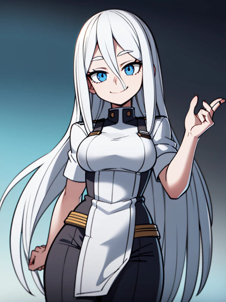 smiling girl with long white hair and very light blue eyes and with less tight clothing my hero academia 