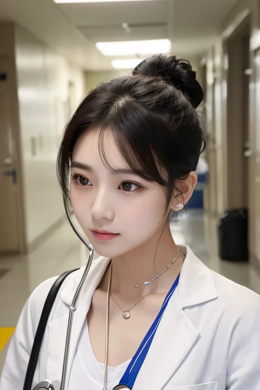 Beautiful young woman、 Korean women、Black Hair、Hairstyle bun、Necklace around the neck、White、Stethoscope、hairstyle semi long、Please open your mouth a little、Intricate details, Very detailed:1.2), 、 Looking into the camera,The background is a hospital corridor.、ear piercing