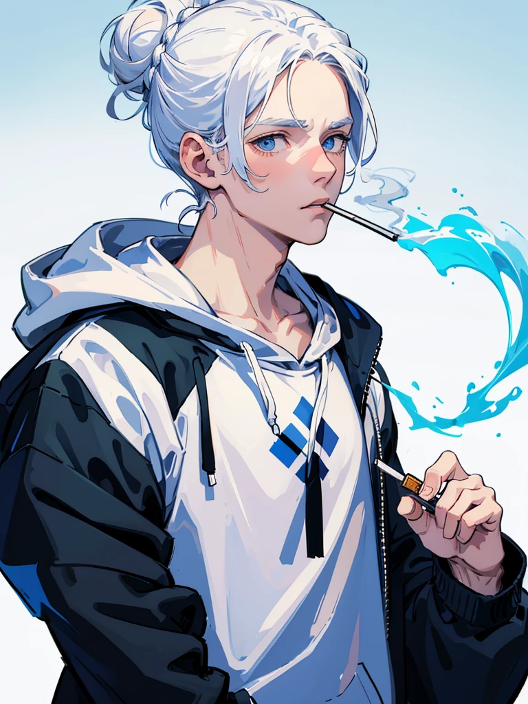 1men, boy, ager, white hair tied in a bun, wearing a hoodie, blue eyes, smoking, detailed portrait, 8k.