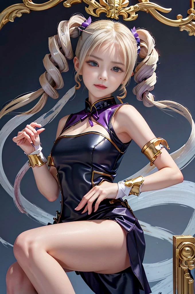 Highest quality Masterpiece 8K Super fine Beautiful face one girl realistic Two Arms Five Fingers Two Legs ((Super Drill Twintails)) Platinum Blonde Hair Body Plump 18-year-old Shiny skin Slit eyes Thick makeup in Chinese style Narrow eyes Long eyelashes Cao Cao Warlene Awkward gaze An inappropriate smile Leather sleeveless outerwear Transparent white lace inner Purple hair ribbon decorated with a gold skull slender Super big breasts