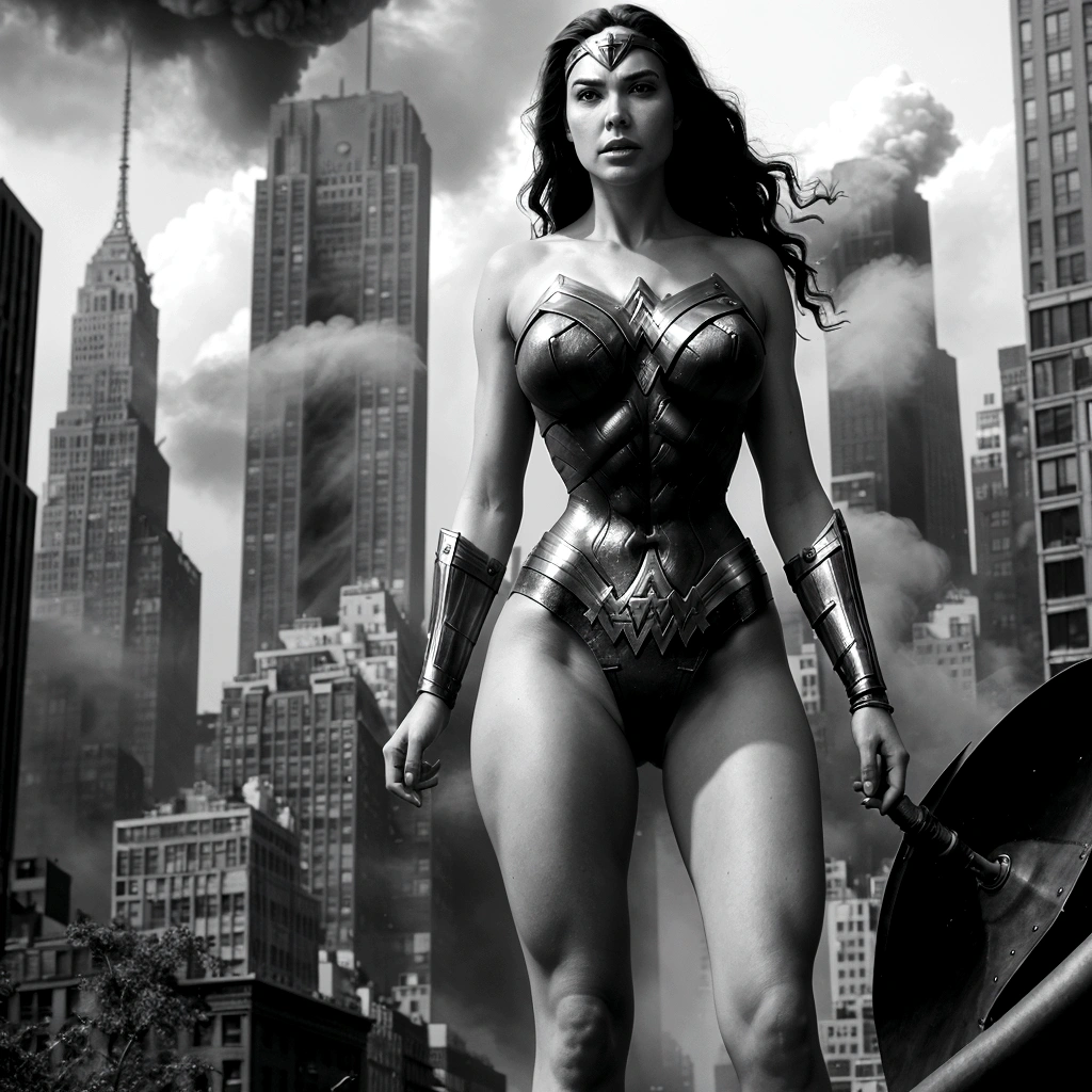 A towering wonder woman in city, naked, looking at viewers, Her toned and she lean and slender body. She seems to be casually strolling through the bustling cityscape of New York City, as towering buildings loom overhead. Smoke and clouds roil around her, adding to the sense of epic scale and drama. realistic, creating a tense and ominous atmosphere. The perspective is from below, emphasizing the sheer majesty and power of the A towering Giantess.