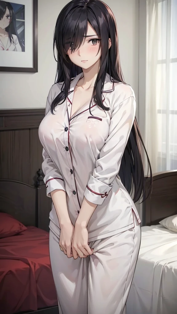 1girl, mature women, realistic skin,perfect ,black hair, long hair, (hair over one eye:1.4), messy hair, hair between eyes, saggy breast, pajama, cute shy blush on , bedroom