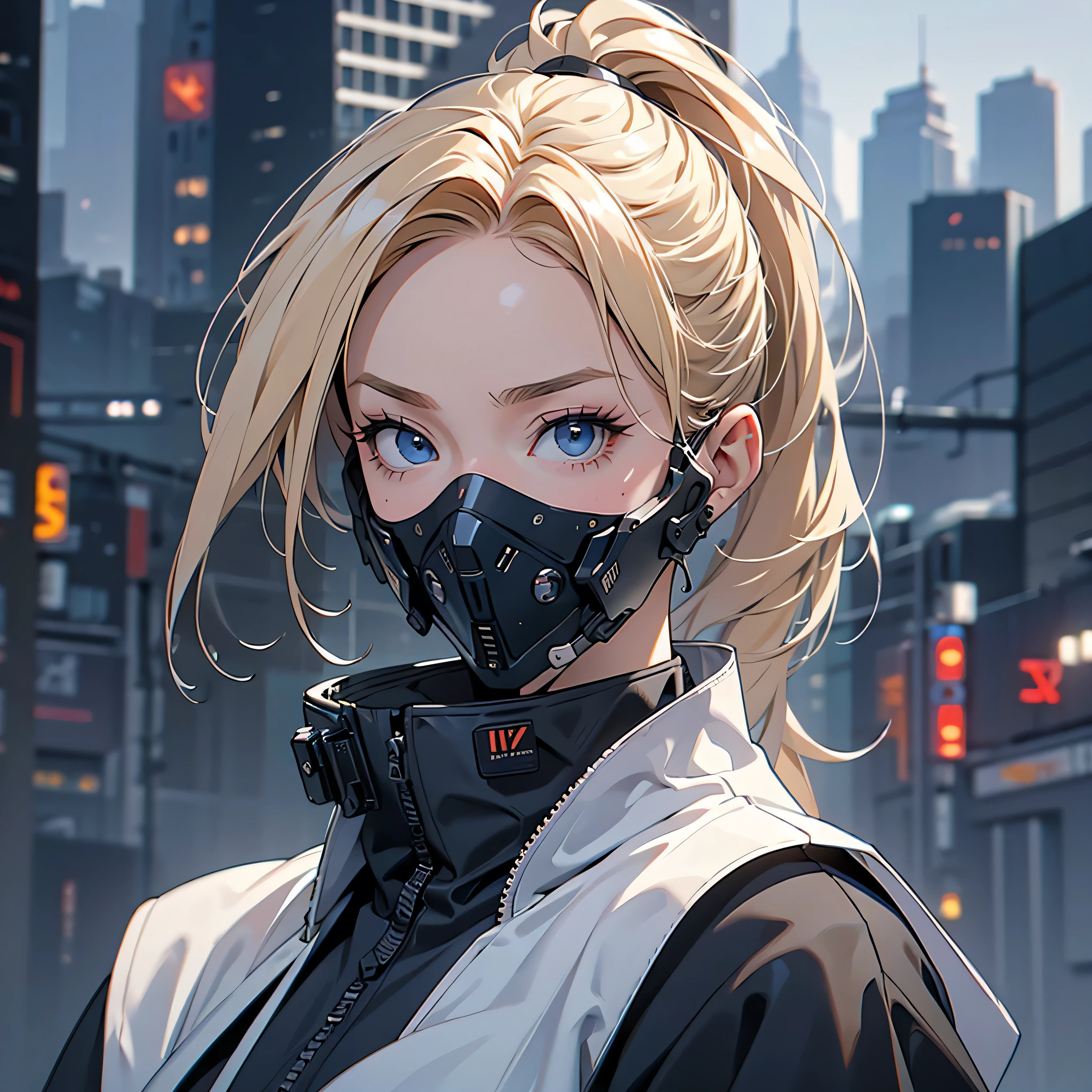 (masterpiece), best quality,1girl, blonde ponytail, blue eyes, sexy urban techwear, blurry background, eye focus, finger on lip, cowboy shot, huge city background, lora:GirlfriendMix2:1, zydG, looking over back, dramatic light, cinematic light, angry face, cyber masker, mouth mask, covered mouth, 8K, Hi-Res, UltraSharp