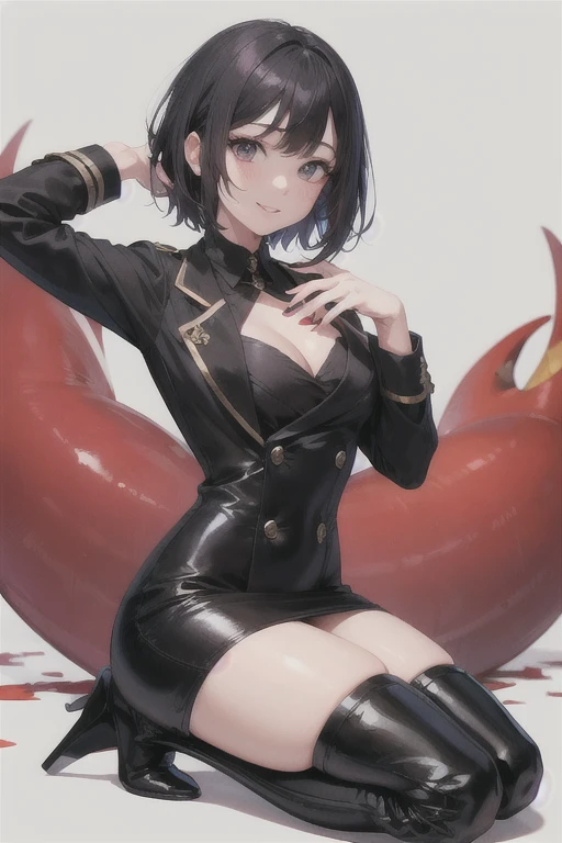 24 year old girl with short black straight hair, ojos rojos intenso, una sonrisa confiada, piel clara y un traje negro arremangado, con botas