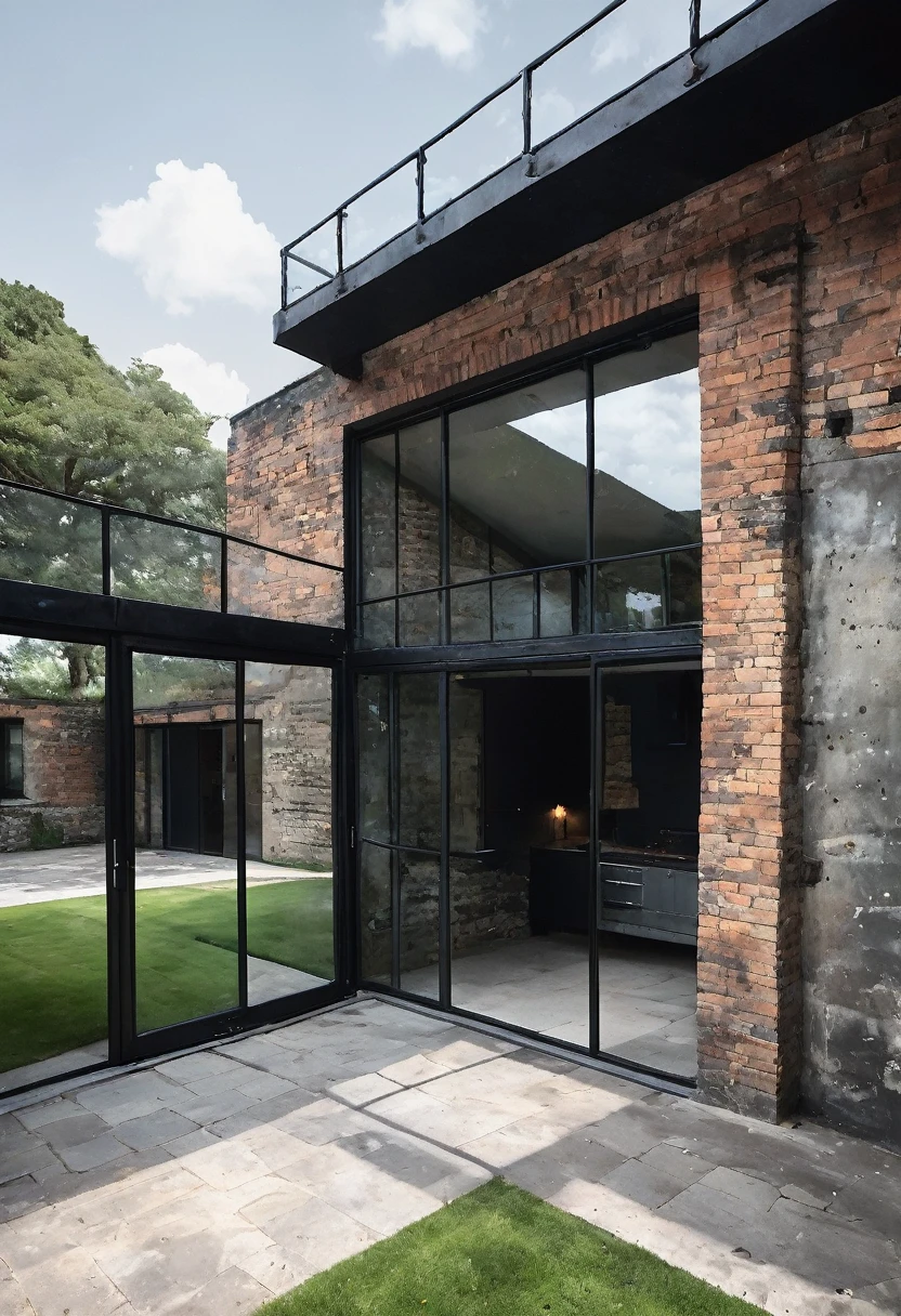 imagine an industrial house with different levels, with a glass wall divided by a massive black iron structure, a wall with English bricks, a black roof with a slope on the left side, grass in front, a stone floor up to the black main entrance door. Houses next door, Olmo trees at the entrance to the house
