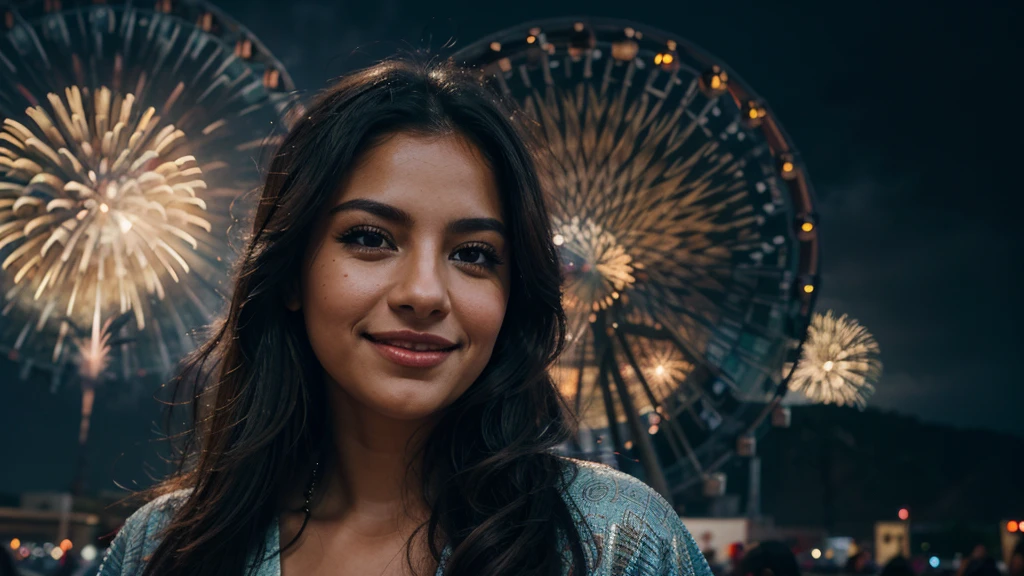 A smiling Latina woman facing a night landscape, ferris wheel in the background, fireworks in the sky celebrating New Year's Eve, beautiful detailed eyes, beautiful detailed lips, extremely detailed face, intricate details, photorealistic, cinematic lighting, vibrant colors, dramatic shadows, mystical atmosphere, magical, fantasy, dreamlike