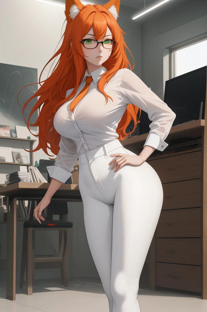 (masterpiece, Best quality), 8K, ultra detailed, realistic photo, Detailed face, perfect lighting, green eyes, bright orange hair, bright hair, fox ears, nice legs, side photo, beautiful, Cute, skin pores, 1 girl, perfect shirt, fully dressed, beautiful women 30 years old, Beautiful proportions, Russian woman, Caucasian, European, Business lady, stunningly beautiful woman, mother, thick legs, show ass, big breasts, (Thin white shirt:1.4), thick, hot, (White Office Wear:1.4), tight pants, (wide hips:1.2), thick, (white Office pants:1.3), spread your legs, Legs open, full length, wide hips, Glasses, with long orange hair, standing on the beach near the ocean, green eyes detailed digital anime art, cat ear, anime girl with long hair, гладкое аниме cg art, anime girl with long hair, digital anime art, work in Guweiz style, Beautiful anime portrait, Photorealistic render of an anime girl, pantyhose, Beautiful anime girl, advanced digital anime art, guweiz на artstation pixiv HD UHD HQ
