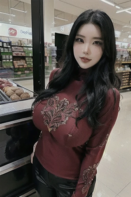 Araffe lady in red top standing in front of donut display area, beautiful south Korean woman, Korean woman, Korean Girl, beautiful Asian Girls, gorgeous young Korean woman, beautiful Asian woman, Asian Girls, an Asian woman, Asian woman, Asian Ultra Detailed, Asian women, beautiful young Korean woman, Beautiful lady, Asian women, star trek Asian woman(((Cleavage)))