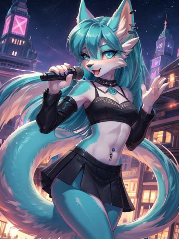 Chica anime,tennage girl 18 years old, anime style, cute hatsune miku x suicune, shy girl , Orejas de Kitsune, arte de dark natasha, city landscape, arte de vixen aztra, cuerpo completo, patas hermosas, cintura delgada, caderas amplias, navel white&black blouse, white&pink skirt, navel piercing, ear piercing, navel tattoo, atrevid pose, back pose, fluffly tail, sensual eyes (la mejor definicion) long hair, black flash, city party, city night life, party girl, idol girl, girl with microphone singing, deep blue eyes (HD), white&pink dress, super mega star idol, aura pura, silueta de luz, silueta radiante de luz dorada, su cuerpo brilla, best lighting in photography, mermaid mini skirt, sinsing in street, scream, radiant emotion, bioluminicent body, very pretty , ( wallpapper image)