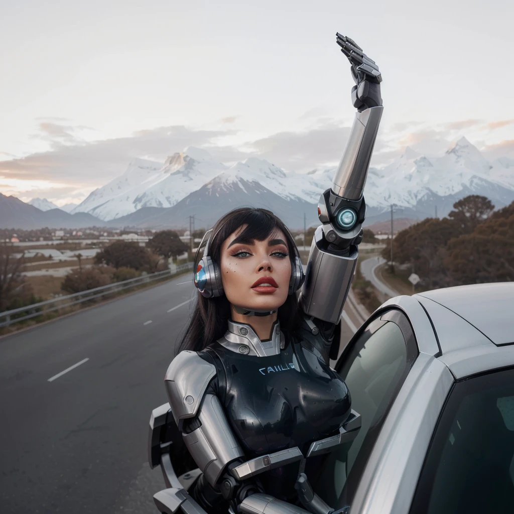 futuristic robo woman , chilean, ash gray high hair bun with short straight bangs, dark brown eyes , glossy light gray matte lipstick, futuristic metallic makeup, futuristic headset, liquid metal body coating, chrome goddess, parted lips, leaning out the window of a car, UP to down angle ,surprised, check in a mirror, fisheye, Lens distortion, grande angular