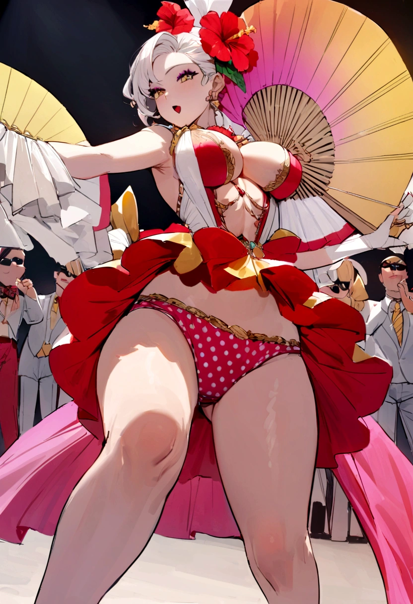 (((From below))),hot summer,skirt,Cleavage,Ass,hibiscus,suit,Polka dot panties,dance、Fan