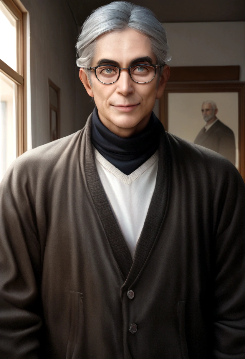 adulto masculino, 35 anos, olhos castanhos escuros, With glasses, fino, no muscles, cabelos pretos, com sueter vermelho, looking in front of the camera, foto realista