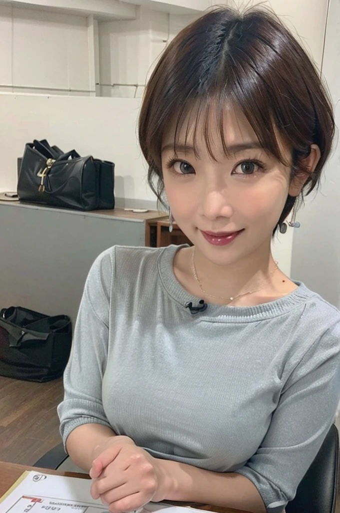 ((Best Quality, 8K, masutepiece :1.3)), Sharp Focus :1.2, beautiful mature women, 48yo, A MILF, ((Loose knit shirt)), downbrouse, ((Leaning forward)), (Huge breasts), (Smile:1.15), Highly detailed face and skin texture, Detailed eyes, (Round face:1.4), Shop at the morning market1.5、Capturing the whole body from a distance2.0