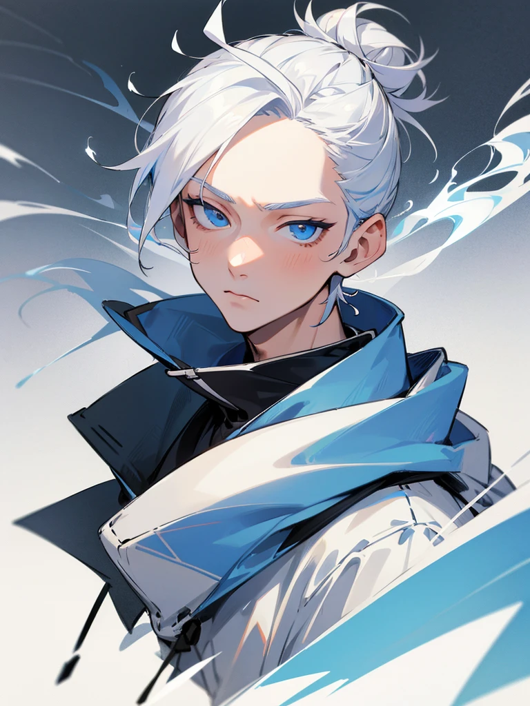 1men, boy, teenager, white hair tied in a bun, wearing a hoodie, blue eyes, smoking, detailed portrait, 8k, boy face, men face. 
