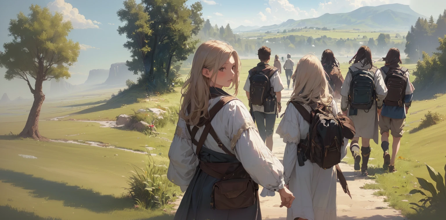 (((Top quality, 4k, 8k, high resolution, masterpiece: 1.2))), (super detailed), (realistic), (photorealistic), (photorealistic: 1.37), (HDR, UHD), (studio (lighting)), ultra-fine drawing, sharp focus, physically based rendering, highly detailed, professional, vibrant colors, medieval European clothing, adventurer's clothing, Vast grassland, majestic plain, wind, grass swaying in the wind, (((girl, girl smiling, girl's feet, girl looking back, girl walking))),