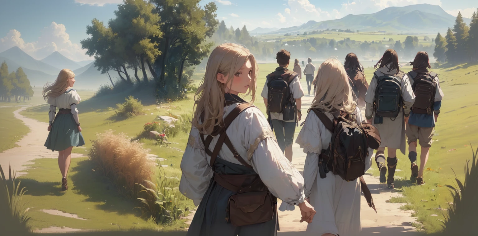 (((Top quality, 4k, 8k, high resolution, masterpiece: 1.2))), (super detailed), (realistic), (photorealistic), (photorealistic: 1.37), (HDR, UHD), (studio (lighting)), ultra-fine drawing, sharp focus, physically based rendering, highly detailed, professional, vibrant colors, medieval European clothing, adventurer's clothing, Vast grassland, majestic plain, wind, grass swaying in the wind, (((girl, girl smiling, girl's feet, girl looking back, girl walking))),