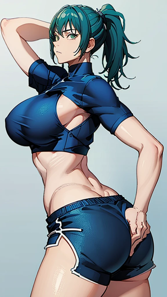 ((best quality)), ((masterpiece)), (detailed), perfect face, blue top, crop top, blue fitted dolphin shorts, huge breasts, huge ass , green hair, pony tail