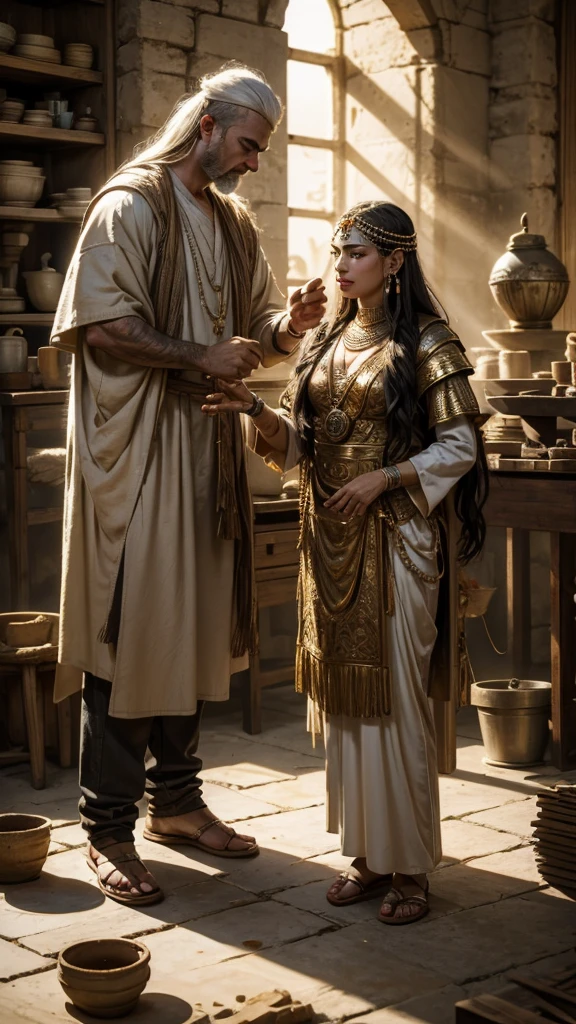 A Sumerian god in divine attire, irradiando luz, delivers a wheel model to a Sumerian civilian in a clay workshop. The god is majestic, com uma coroa e vestes elaboradas. O civil, de joelhos, wears simple clothes and is amazed. Ancient tools and ceramic pots are scattered around, com paredes de barro ao fundo.