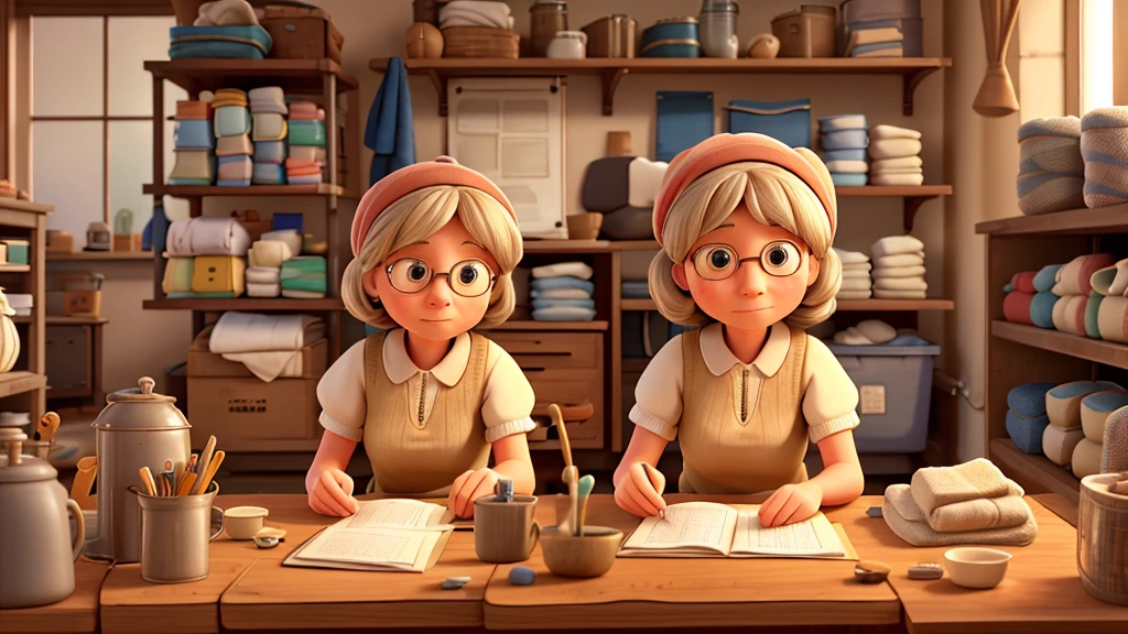 A sterile environment of the Dullsville Sock Emporium. A conveyor belt with a monotonous stream of beige socks. Mildred, sitting at her workstation, is seen diligently sorting socks, with an expression of calm focus. In the background, rows of shelves filled with stacks of neatly sorted beige socks.