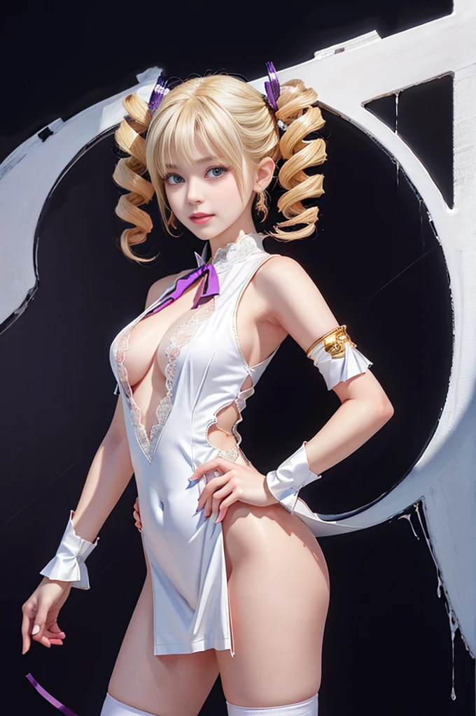 Highest quality Masterpiece 8K Super fine Beautiful Face One Woman Only Two Arms Five Fingers Two Legs ((Super Drill Twintails)) Platinum Blonde Hair Body Plump 18-year-old Shiny skin Slit eyes Thick makeup in Chinese style Narrow eyes Long eyelashes Cao Cao Warlene Awkward gaze An inappropriate smile Leather sleeveless outerwear Transparent white lace inner Purple hair ribbon decorated with a gold skull slender Super big tits standing Looking at this Hands on hips