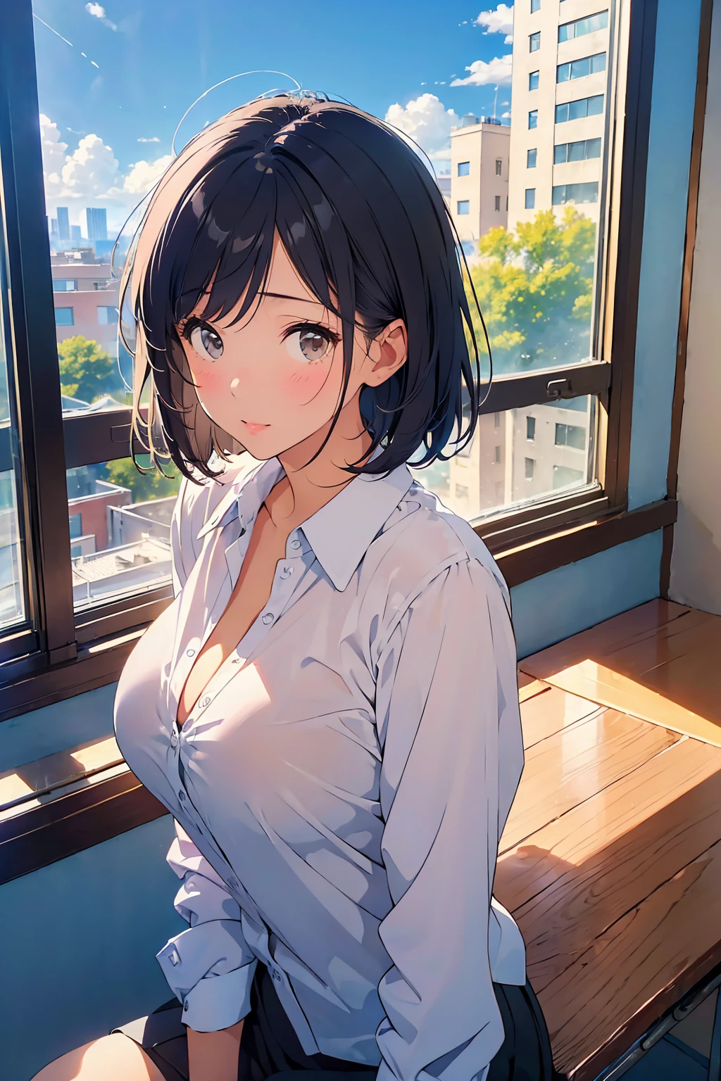 (masterpiece:1.6),(Highest quality 1.6), (Ultra High Resolution 1.2),(Black Hair:1), ( Black Hair:1),(Upward-facing chest, Beautiful big boobs:1.3), (Cleavage), (beautiful girl:1.4),girl,(Bob Hair:1.2),(enjoy:1.6), (Happy:1.3),(Gushing out:1.4), close your eyes, (Squint your eyes:1.4), ((blush)), Plain, White blouse, (silk, Open blouse), (Upper Body Shot:1.3),Side Shot,Realistic Background,School, Classroom window background, Blue sky outside the window, Veranda of the apartment, a#h@