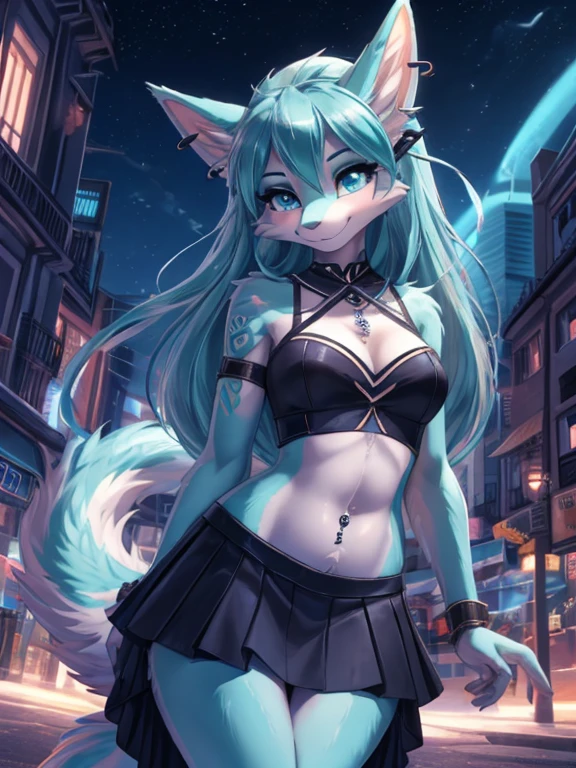 Chica anime,tennage girl 18 years old, anime style, cute hatsune miku x suicune, shy girl , Orejas de Kitsune, arte de dark natasha, city landscape, arte de vixen aztra, cuerpo completo, patas hermosas, cintura delgada, caderas amplias, navel white blouse, white&pink skirt, navel piercing, ear piercing, navel tattoo, atrevid pose, back pose, fluffly tail, sensual eyes (la mejor definicion) long hair, black flash, city party, city night life, party girl, super agent girl,deep blue eyes (HD), white&pink dress, super agent girl, aura pura, silueta de luz, silueta radiante de luz dorada, su cuerpo brilla, best lighting in photography, mermaid mini skirt, sinsing in street, secret agent, perfect dark 