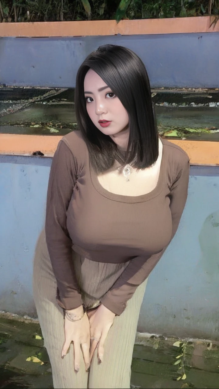 Wanita payu dara besar, duduk di depan rumah