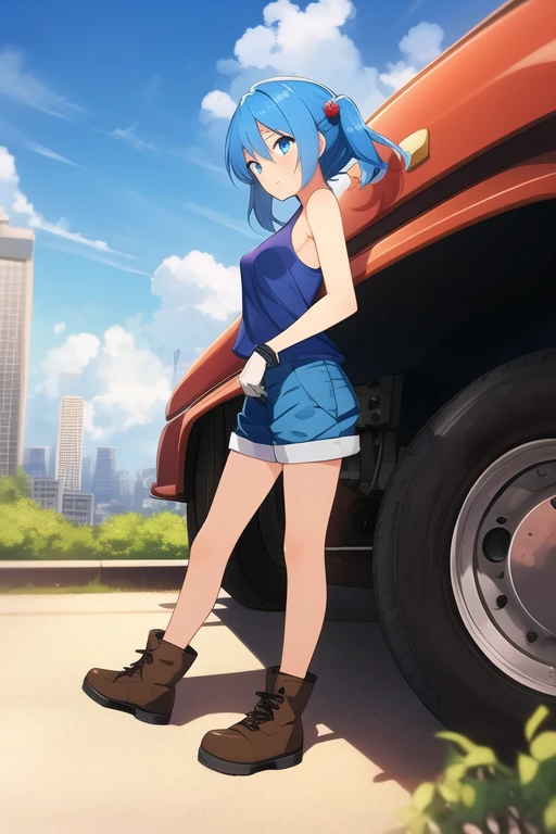 ((best quality)), ((masterpiece)), (detailed), 1girl, Touhou, Nitori Kawashiro, blue eyes, blue hair, blue female tank top, blue female shorts, mechanic gloves, mechanic boots, medium sized breasts, small city background, sun light, clear blue sky,  wide shot, full body