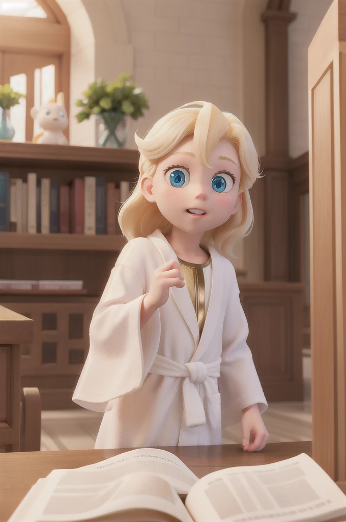 there is one with golden hair with beautiful and big light blue eyes with white sparkles, he has a white children's night robe, he is in the library and finds a gold colored book