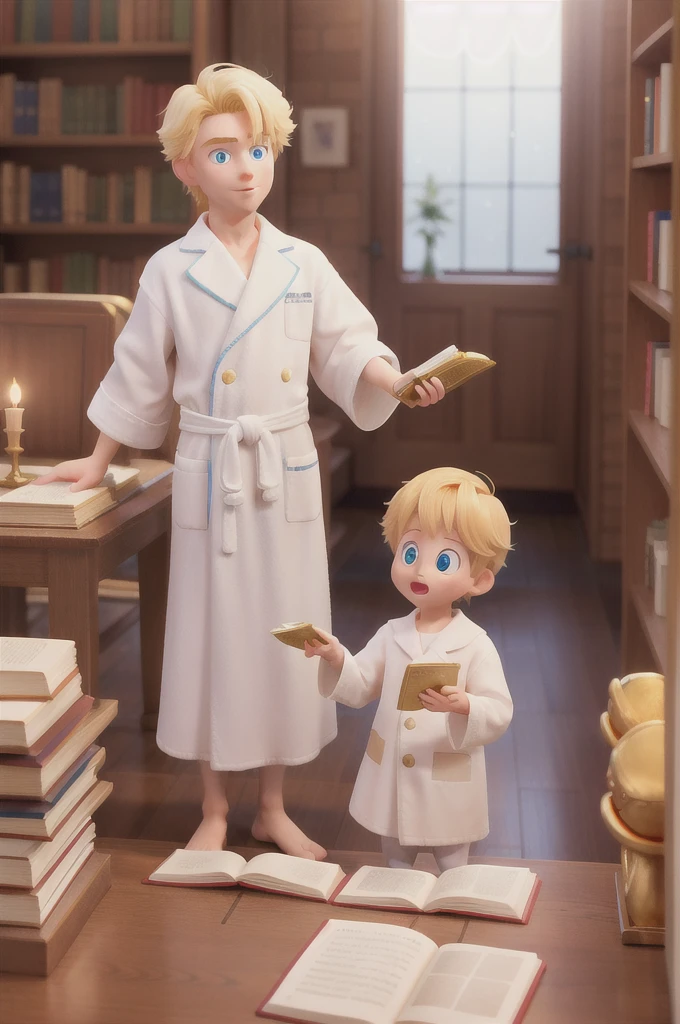there is one with golden hair with beautiful and big light blue eyes with white sparkles, he has a white children's night robe, he is in the library and finds a gold colored book