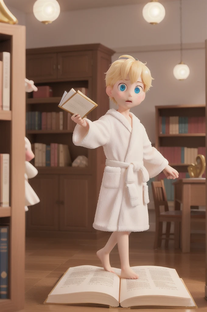 there is one with golden hair with beautiful and big light blue eyes with white sparkles, he has a white children's night robe, he is in the library and finds a gold colored book