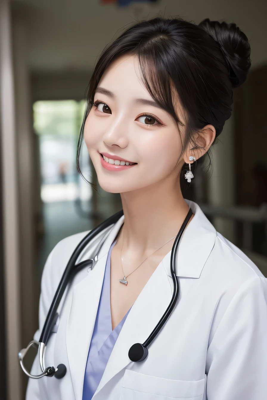 Beautiful young woman、 Korean women、Black Hair、Hairstyle bun、Necklace around the neck、White、Stethoscope、hairstyle semi long、smile、Please open your mouth a little、Intricate details, Very detailed:1.2), 、 Looking into the camera,The background is a hospital corridor.、ear piercing