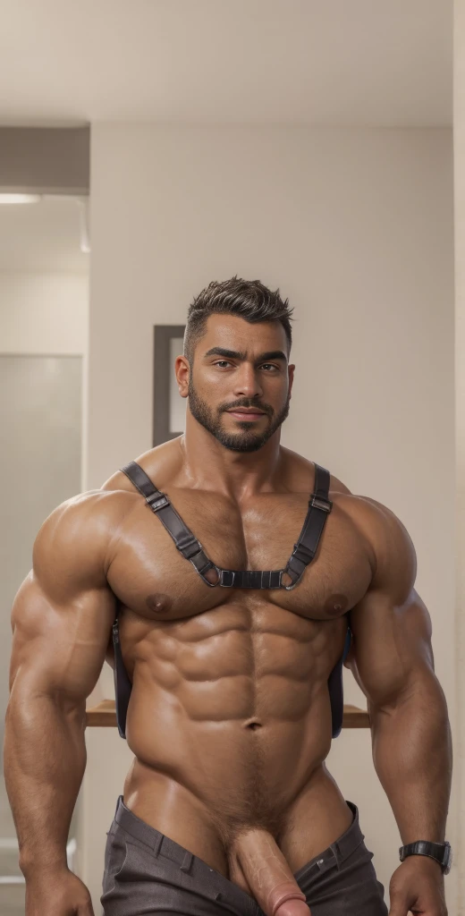 1boy, European, solo, facial hair,55 yrs old, dom, male focus, flaccid penis,dom, pectorals, bara, muscular, mature male, muscular male, abs, beard, ring nipples, chest harness, short hair, navel, stomach, large pectorals, thick eyebrows, bare pectorals, fair-skinned male, erection, thighs, erection under clothes, fancy suit, dark skin, tie, open shirt, jacket, grey business suit, pectoral cleavage, cowboy shot, feet out of frame, thick thighs, looking at viewer, masterpiece, 4k, high quality, highres, absurdres,