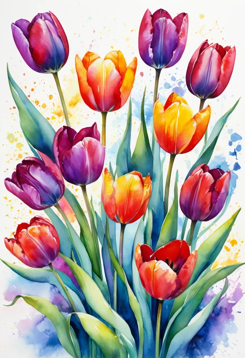 A stunning hand-drawn watercolor illustration by artist Paola Salomé, showcasing a vibrant explosion of colorful tulips. The tulips are of various shapes, sizes, and colors, including red, yellow, purple, and pink, creating an eye-catching and dynamic composition. The background features a dreamy, cinematic atmosphere with soft brushstrokes that blend into a gradient of blues and purples. The overall effect is a conceptual piece that evokes a sense of wonder and emotion through its rich, vivid colors., vibrant, cinematic, conceptual art