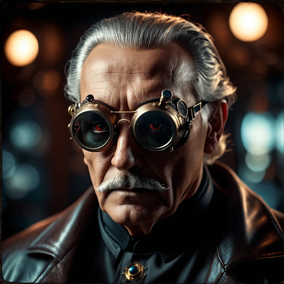 cinematic film still old evil scientist,man, cyberpunk, mask, wrathful eyes, dark science lab, steampunk sun glasses, dark atmosphere, Homunculus . shallow depth of field, vignette, highly detailed, high budget, bokeh, cinemascope, moody, epic, gorgeous, film grain, grainy