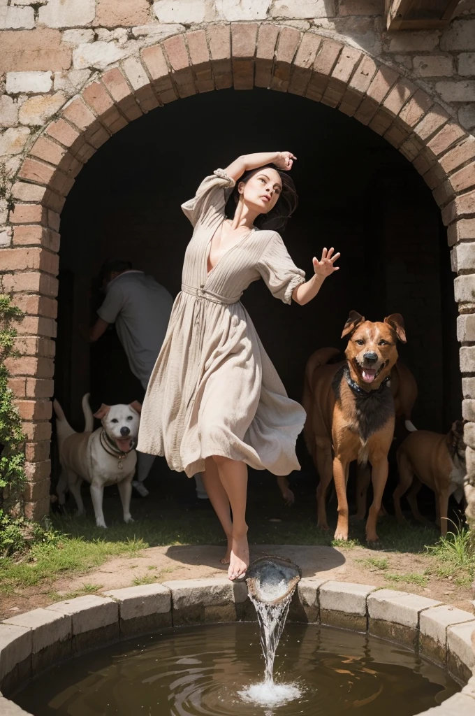 I would like to create an image of a woman in a well, throwing pieces into the well, which is full of dogs.
