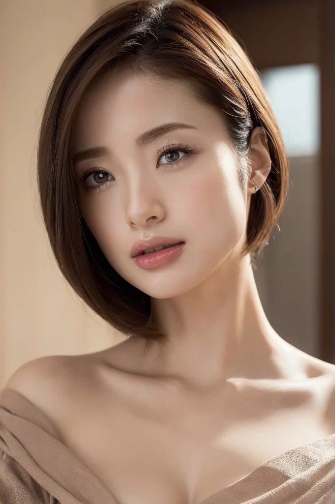 Big Breasts、One person、NSFW、Look at the viewer、point of view, (masterpiece:1.3), High resolution, Very detailed, Very detailedな CG Unity 8k 壁紙, Realistic, photo-Realistic, RAW Photos, Beautifully detailed face, Pale skin, Realistic glistening skin, Detailed cloth texture, Detailed hair texture, Perfect body, Beautiful Face, Accurate, Anatomically correct, Highly detailed face そして skin texture, Natural neck length, (Beautiful Hそしてs), (Fair skin:1.2),Off the shoulder,Bob Hair、Perfect fingers
