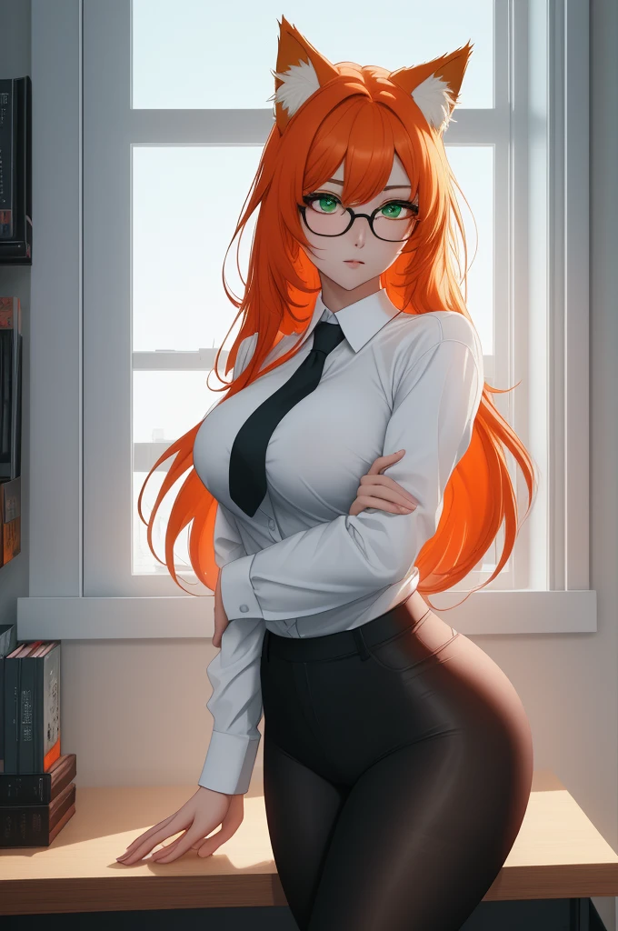 (masterpiece, Best quality), 8K, ultra detailed, realistic photo, Detailed face, perfect lighting, green eyes, bright orange hair, bright hair, fox ears, nice legs, side photo, beautiful, Cute, skin pores, 1 girl, perfect shirt, fully dressed, beautiful women 30 years old, Beautiful proportions, Russian woman, Caucasian, European, Business lady, stunningly beautiful woman, mother, thick legs, show ass, big breasts, (Thin white shirt:1.4), thick, hot, (White Office Wear:1.4), tight pants, (wide hips:1.2), thick, (white Office pants:1.3), spread your legs, Legs open, full length, wide hips, Glasses, with long orange hair, standing on the beach near the ocean, green eyes detailed digital anime art, cat ear, anime girl with long hair, гладкое аниме cg art, anime girl with long hair, digital anime art, work in Guweiz style, Beautiful anime portrait, Photorealistic render of an anime girl, pantyhose, Beautiful anime girl, advanced digital anime art, guweiz на artstation pixiv HD UHD HQ