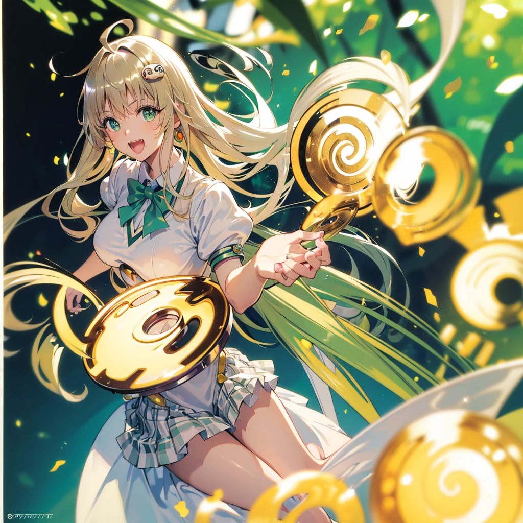(masterpiece), best quality, (((ultra detailed, 8k quality))), expressive eyes, perfect face, perfect anatomy, perfect bodyaalala, long hair, ahoge, hair ornament, green eyes, breasts, aalala, long hair, ahoge, hair ornament, green eyes, breasts, , green bowtie, collared shirt, white shirt, sweater vest, yellow vest, short sleeves, plaid skirt, green skirt, (depth ffield, bokeh, UHD, HDR, highres, ultra detailed, intricate details, absurdres, 8k:1.2), (perfect anatomy), open mouth, upper tooth, smile, , sitting, table, chair, coffee shop, holding coffee cup, doughnut, food, smile,