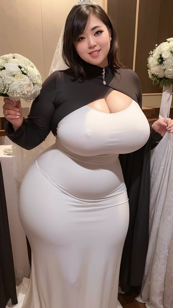 (8k, ultra-high resolution, highest quality, masterpiece:1.2), ultra-realistic, (realistic, photorealistic:1.37), (realistic skin:1.2), ultra-detailed, Canon EOS RP, 8k, Korean mature woman, smiling, (super obese:1.2), (((super curvy,))) ((super voluptuous,)) adult model,  ((full body shot:1.4)), thick ankles, (short hair), (wedding dress:1.5), (wedding venue), (wedding ceremony),