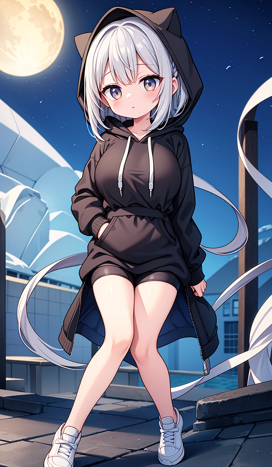 female, short, short white hair, white eyes. dynamic art, oversized sweater, furry bunny, 4k