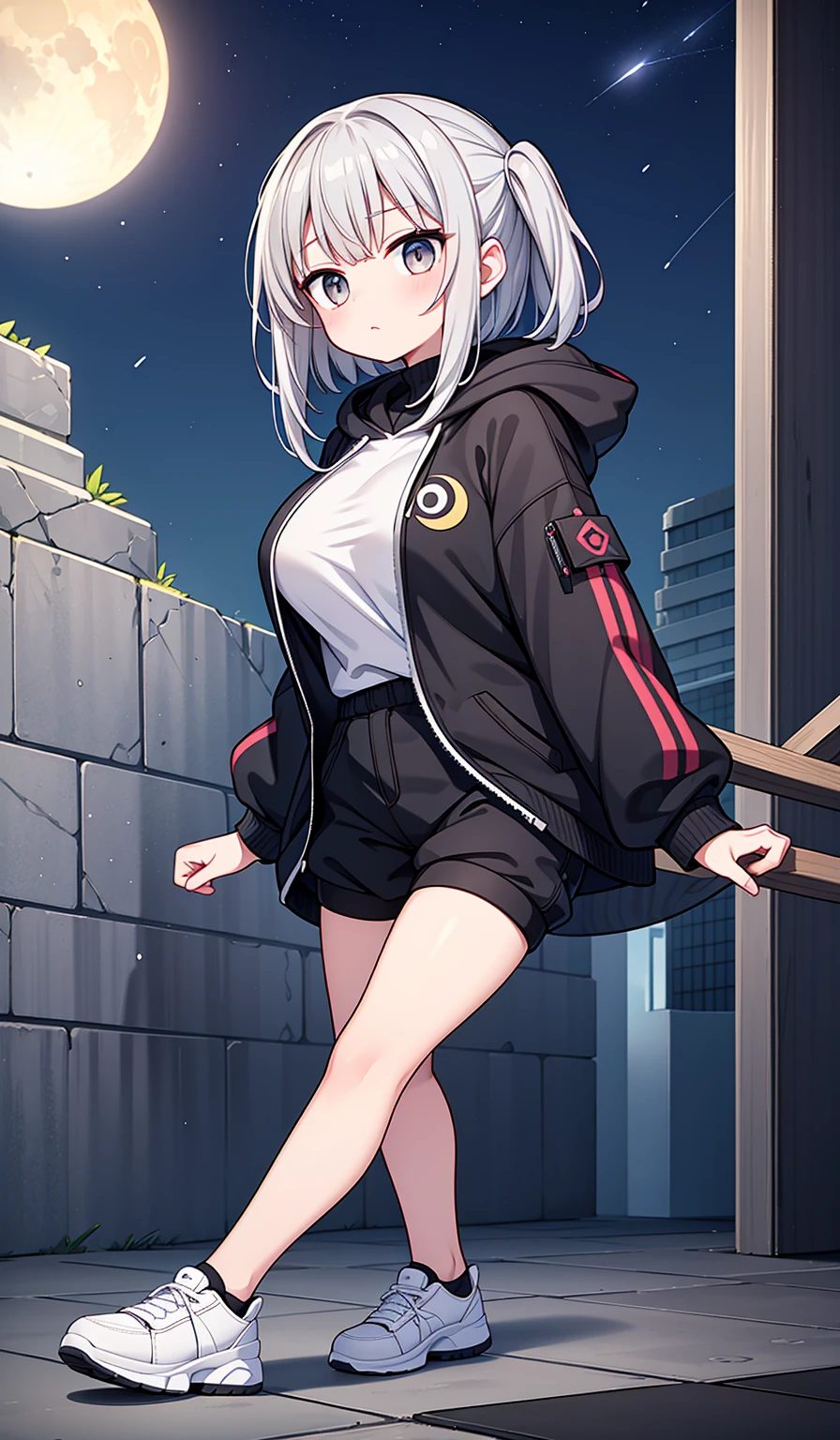 1 Sister、Braided side up short hair、Grey Hair、Golden Eyes、Black 3/4 length hoodie with hood、A hoodie that clearly shows your body lines、Very inflated" Big Breasts" 、Black shorts、Gray sneakers、Black Pantyhose、" Parkour" The movement of、A pale-white garden at night、Pale Crescent Moon、Beautiful waistline