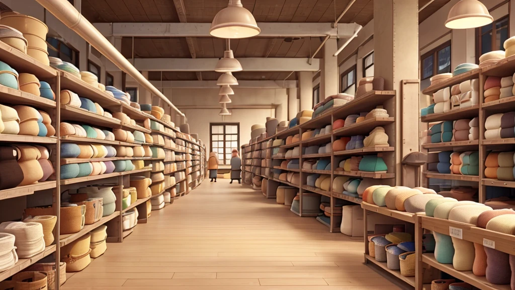 A sterile environment of the Dullsville Sock Emporium. A conveyor belt with a monotonous stream of beige socks. In the background, rows of shelves filled with stacks of neatly sorted beige socks.