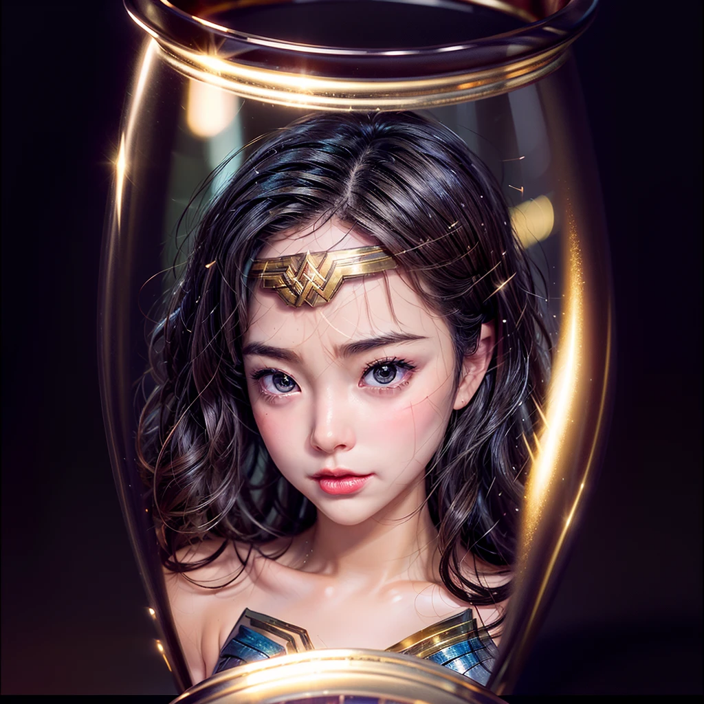 High-level, 8K Masterpiece TopQuality, Ultra-detailed CG, Absurd detailed wallpaper, PerfectLighting, Extremely detailed (((Personifying " Sexy Wonder Woman " as a KAWAII Girl))), Characteristic Items, aesthetic LifeLike Rendering, MysticSight,
Haze Tyndall Scattering, (Studio GRAY Background with (Oodles Dazzling RainbowColorParticles (BokeH))), (((Assfocus)) RoundlyButts ThighGap), (Exposed:0.9) NSFW 🔞 BREAK (Acutance:0.8), (NOGIZAKA FaceVariations) Extremely Detailed very KAWAII FaceVariations, Childish CaptivatingGaze ElaboratePupils Detailed Eyes with (SparklingHighlights:1.28), (Voluminous LongEyelashes:0.88)、Glossy RedLips with beautiful details, CoquettishTongue, RosyCheeks, Radiant PearlSkin with Transparency, Glowing DowneyHair . { (Dynamic LifeLike expressions:1.4) | (:d) }, (large eyes:-1) .(Sitting in container)